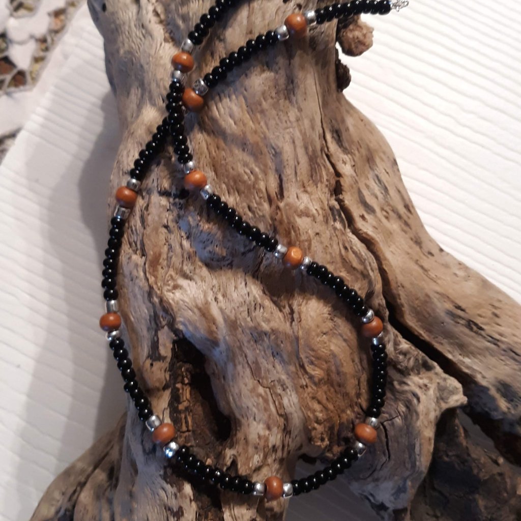 Mens Unisex Wood Bead Seed Bead Necklace Black Brown Silver 17 15$